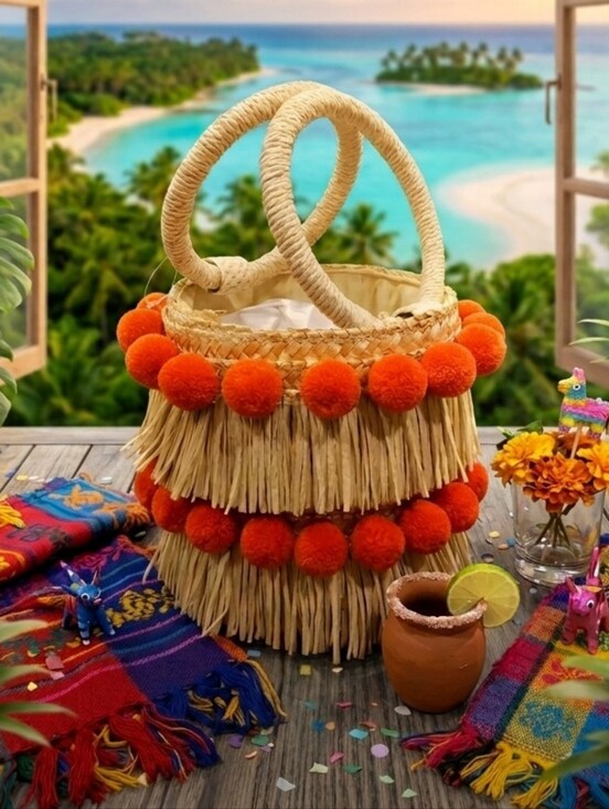 Handbags - Boho Straw Fringe Tote with Orange Pom Poms - NWT